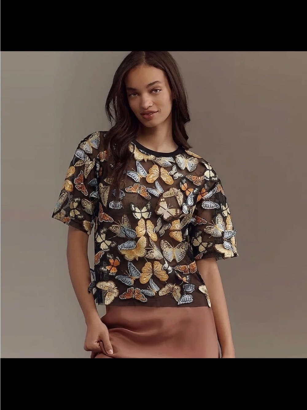 Anthropologie Dolan Black Sheer 3D Butterfly Embroidered Top, sz M and L